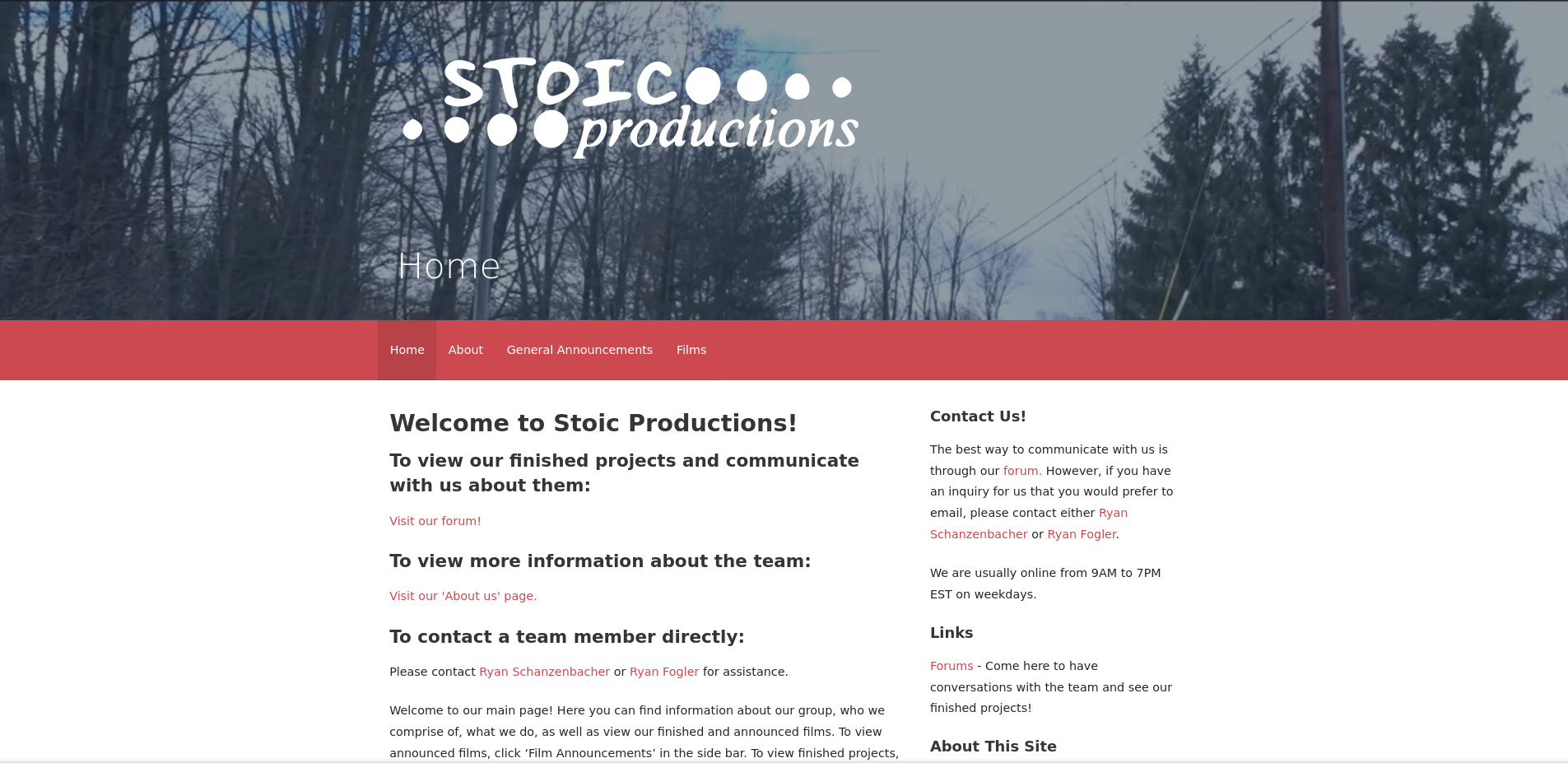 The homepage of Stoic Productions as it appeared on 9/28/2021